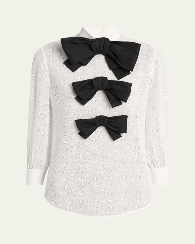 Bow Eyelet Mock-Neck Top